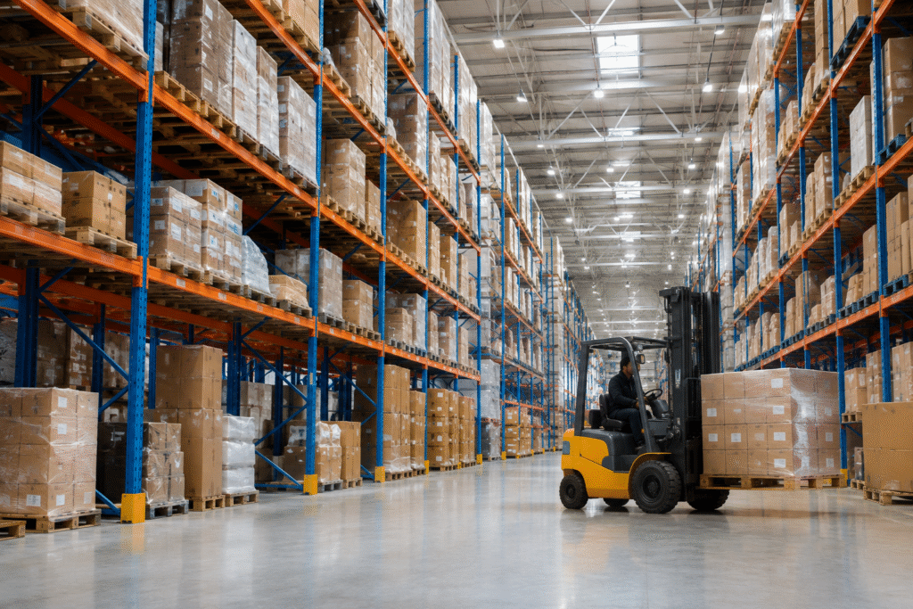 Amazon AWD warehouse with palletized inventory